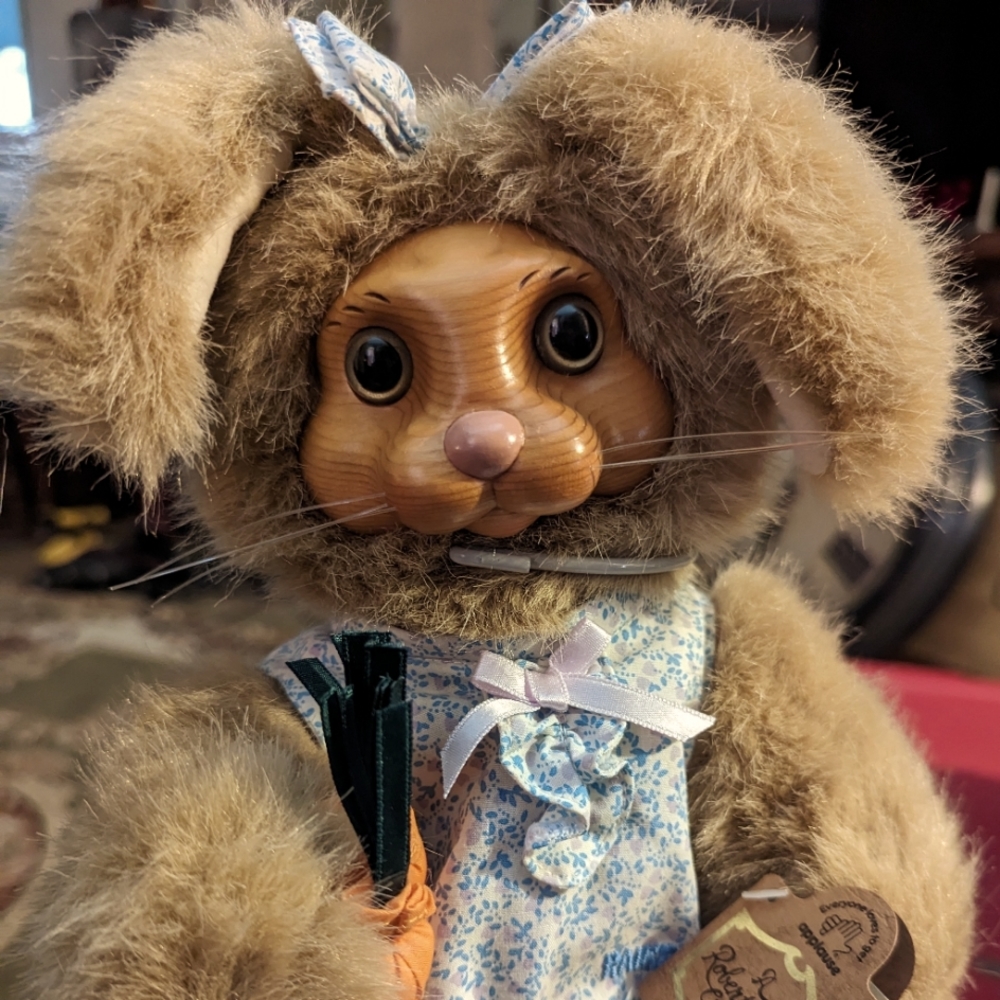 Robert Raikes Vintage Dottie wooden faced rabbit doll with stand
